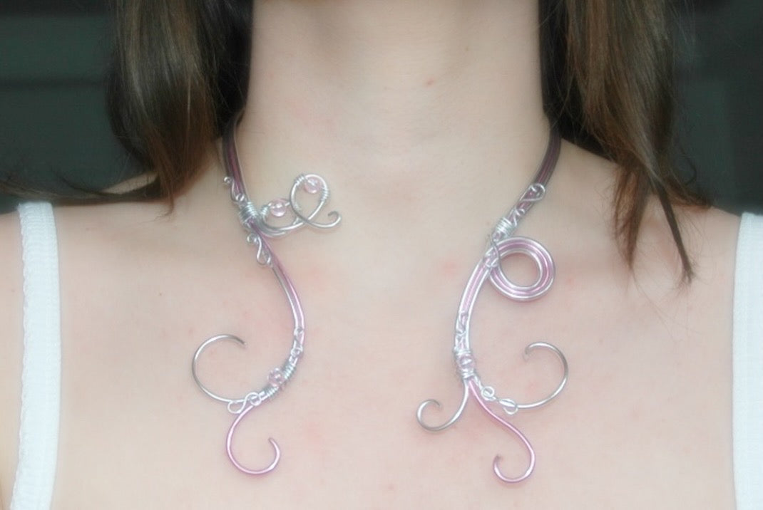Pink & Silver Wire Butterfly Neck Cuff